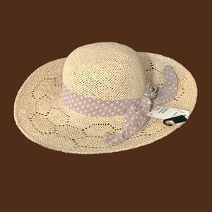 H&M | Women’s Neutral Beige Polka Dot Ribbon Tan Floppy Sun Straw Hat Visor Up
